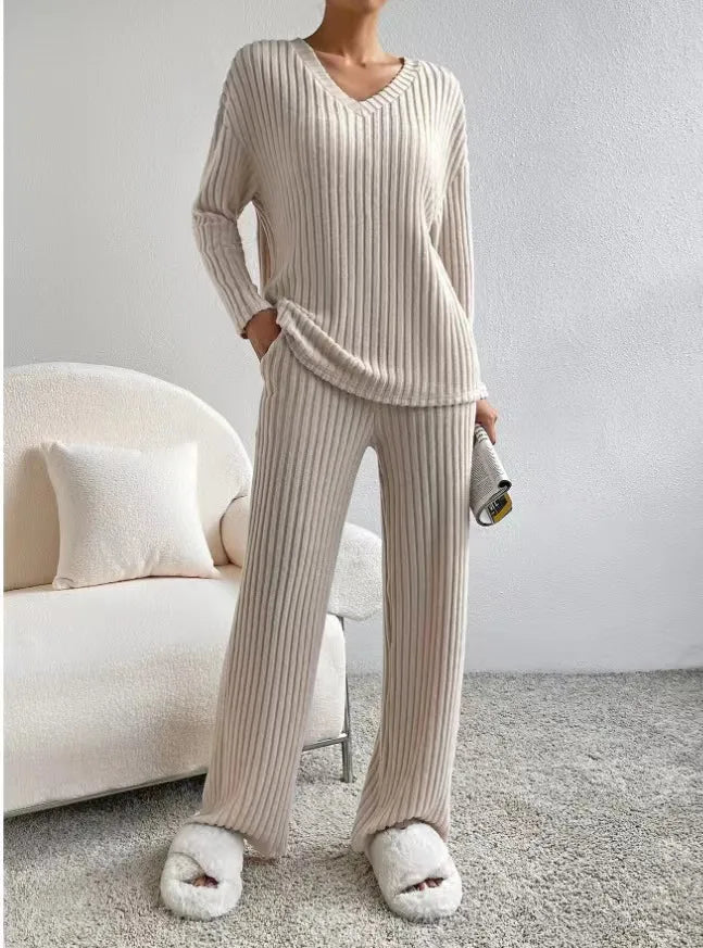 Knitted Two-Piece Set & V-Neck Top with Trousers