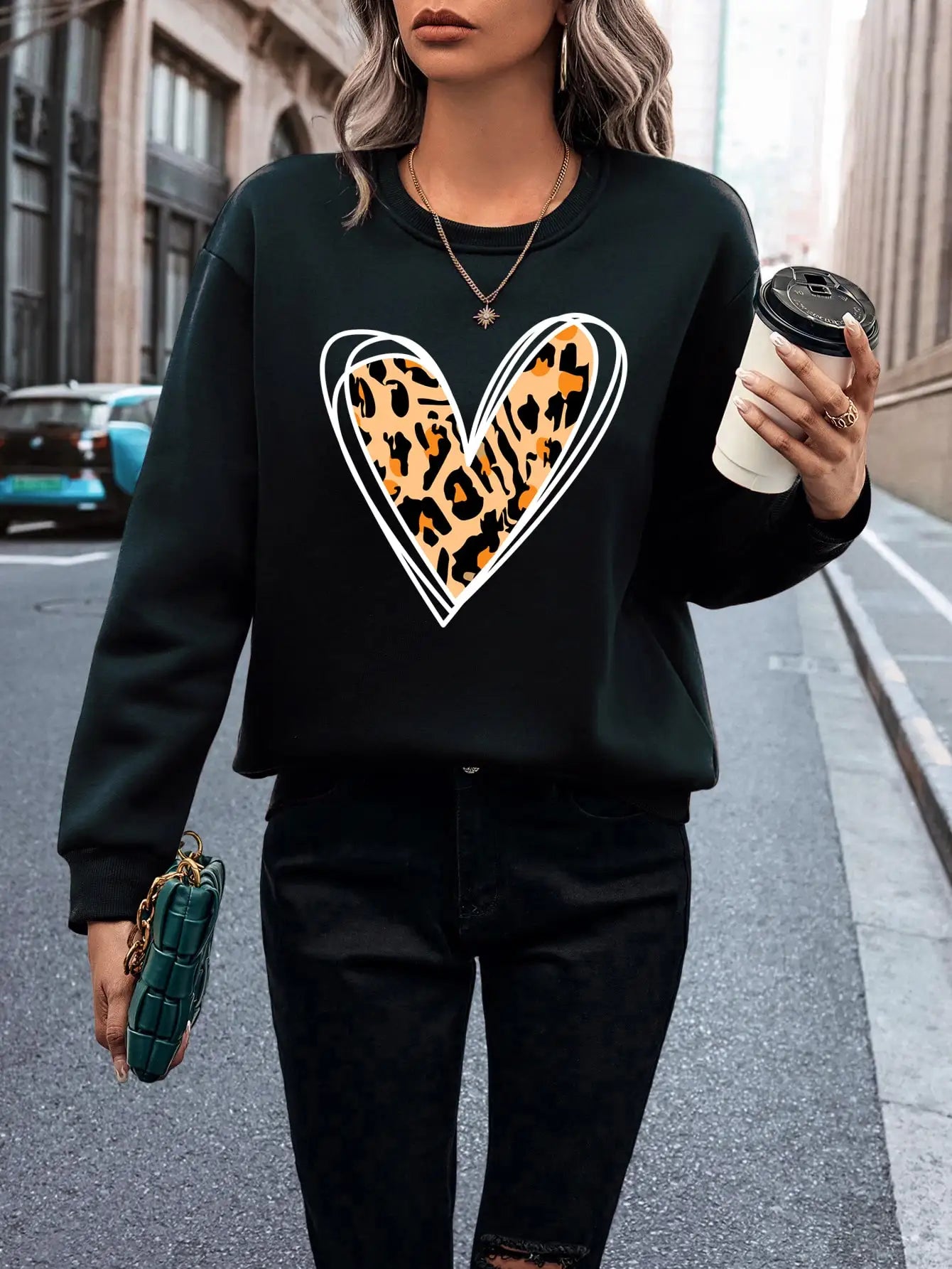 Elegant Leopard Heart Cutout Women's Pullover Chic