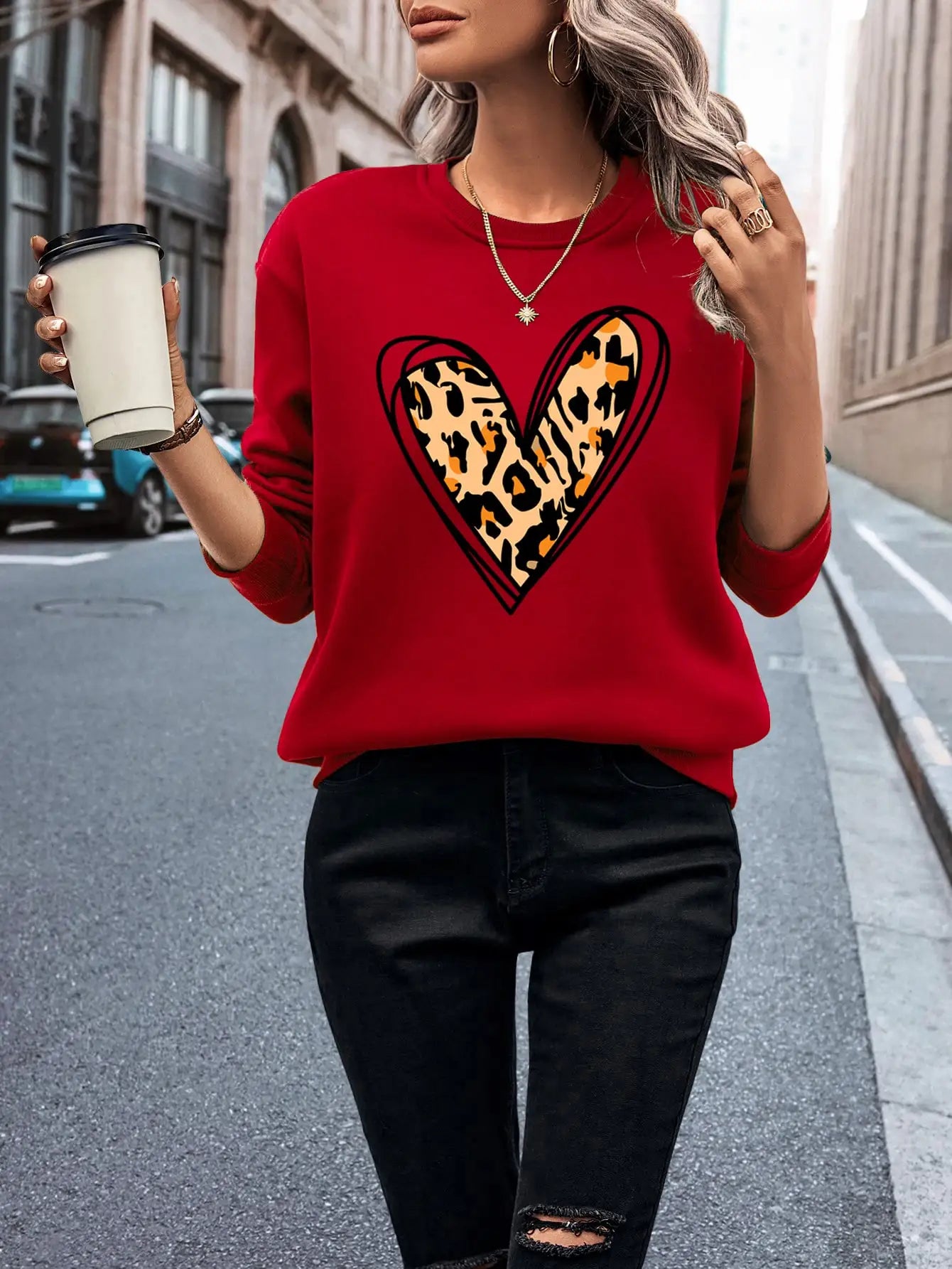 Elegant Leopard Heart Cutout Women's Pullover Chic