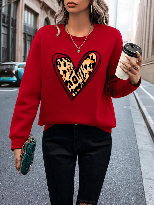 Elegant Leopard Heart Cutout Women's Pullover Chic