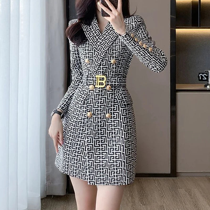 Double-Breasted Printed Blazer Dress & Long Sleeves