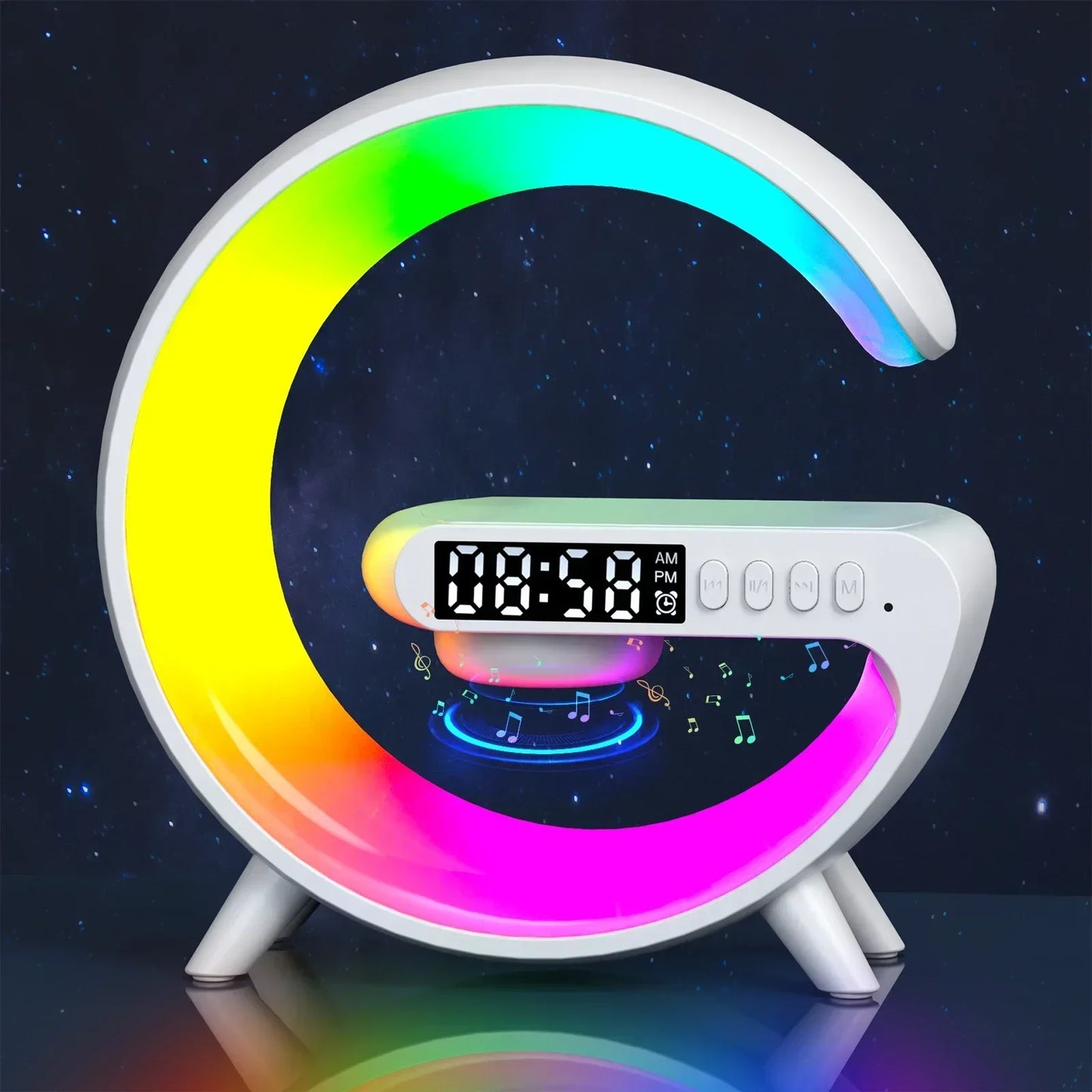 Multifunction Wireless Charger Stand – RGB Light, Alarm Clock & Speaker