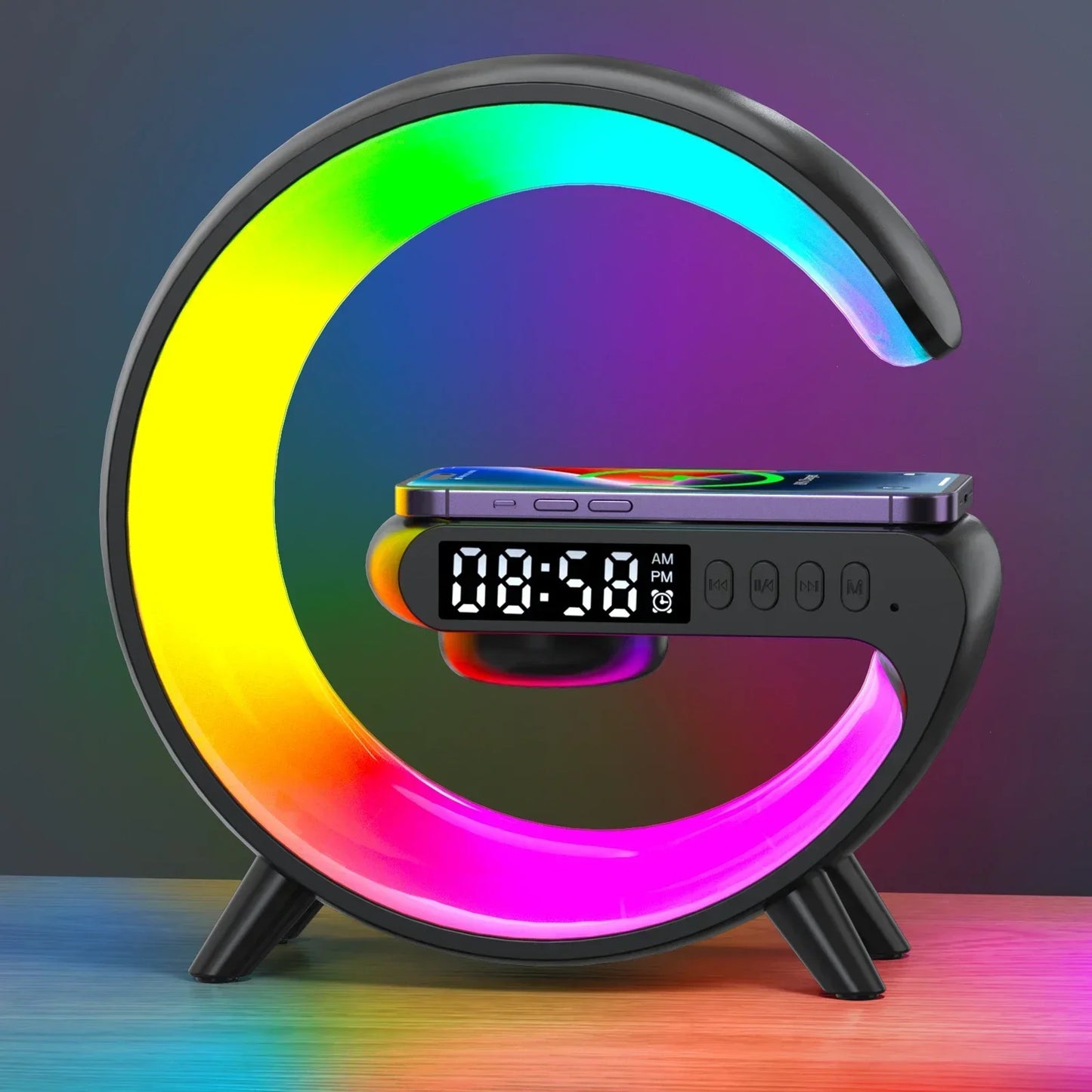 Multifunction Wireless Charger Stand – RGB Light, Alarm Clock & Speaker