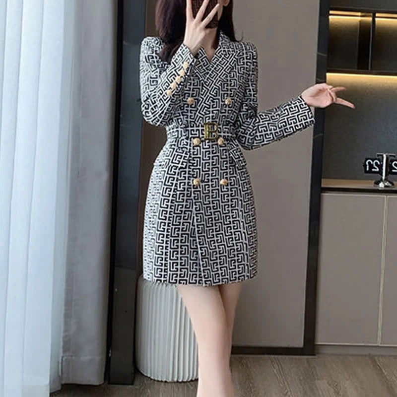 Double-Breasted Printed Blazer Dress & Long Sleeves