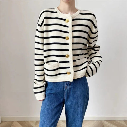 Striped Knit Cardigan – Metal Buttons & Pockets