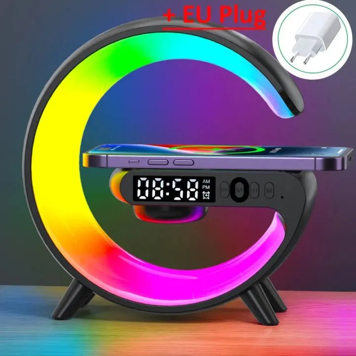 Multifunction Wireless Charger Stand – RGB Light, Alarm Clock & Speaker