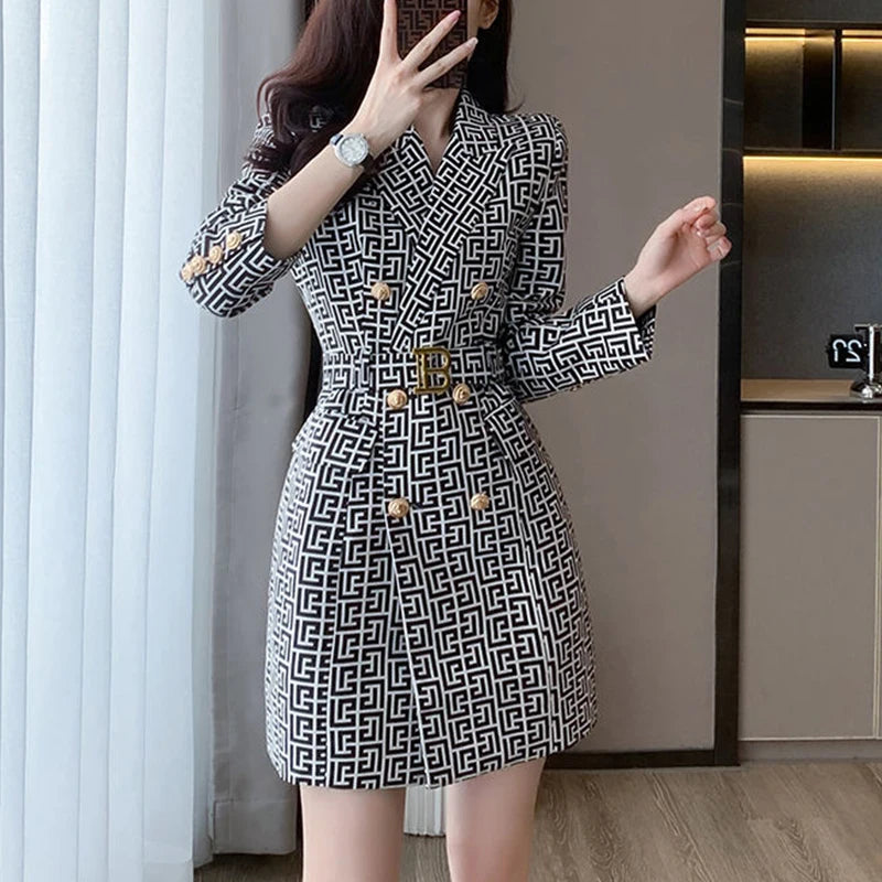 Double-Breasted Printed Blazer Dress & Long Sleeves