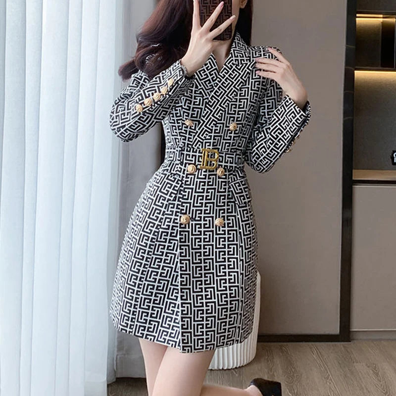 Double-Breasted Printed Blazer Dress & Long Sleeves