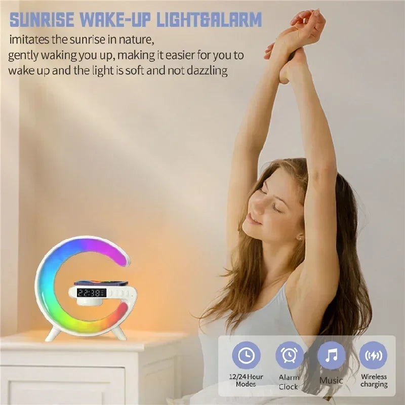 Multifunction Wireless Charger Stand – RGB Light, Alarm Clock & Speaker