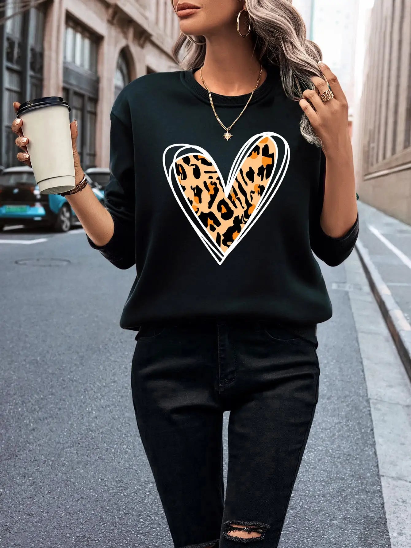 Elegant Leopard Heart Cutout Women's Pullover Chic