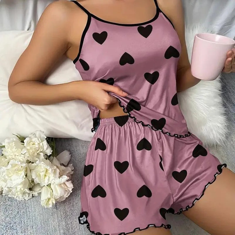 Women's Pink Heart Print Pajama Set