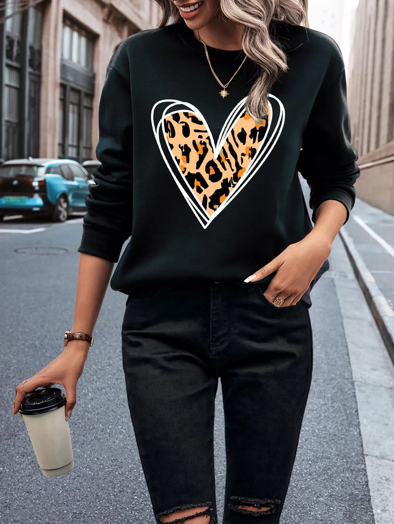 Elegant Leopard Heart Cutout Women's Pullover Chic