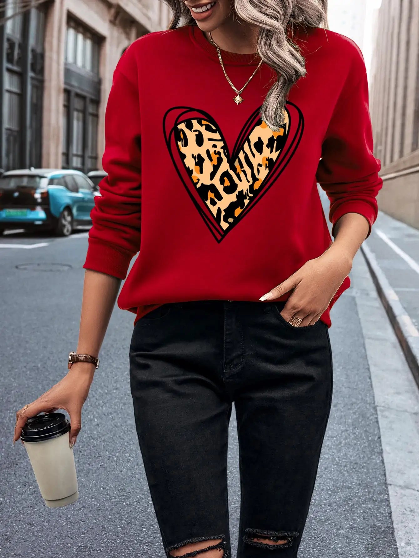 Elegant Leopard Heart Cutout Women's Pullover Chic