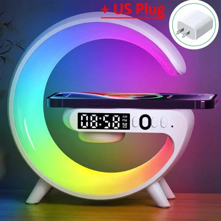 Multifunction Wireless Charger Stand – RGB Light, Alarm Clock & Speaker