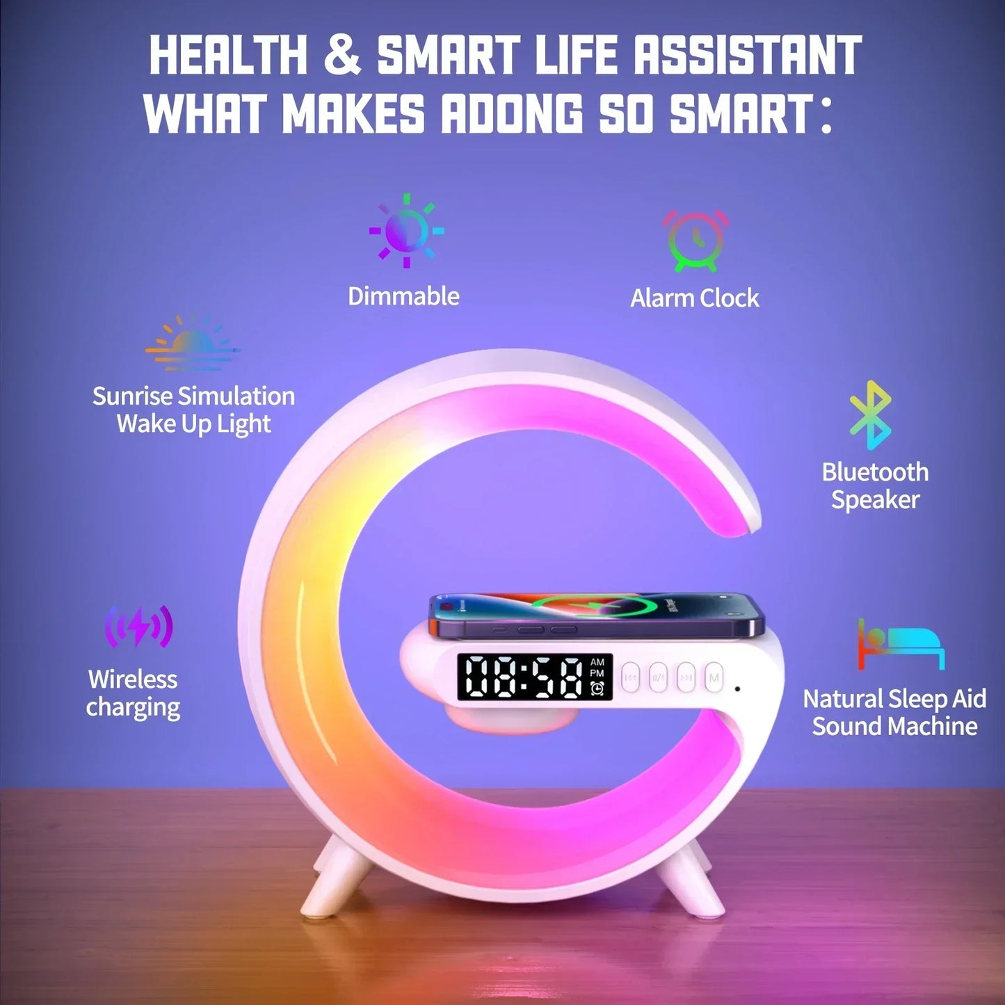 Multifunction Wireless Charger Stand – RGB Light, Alarm Clock & Speaker